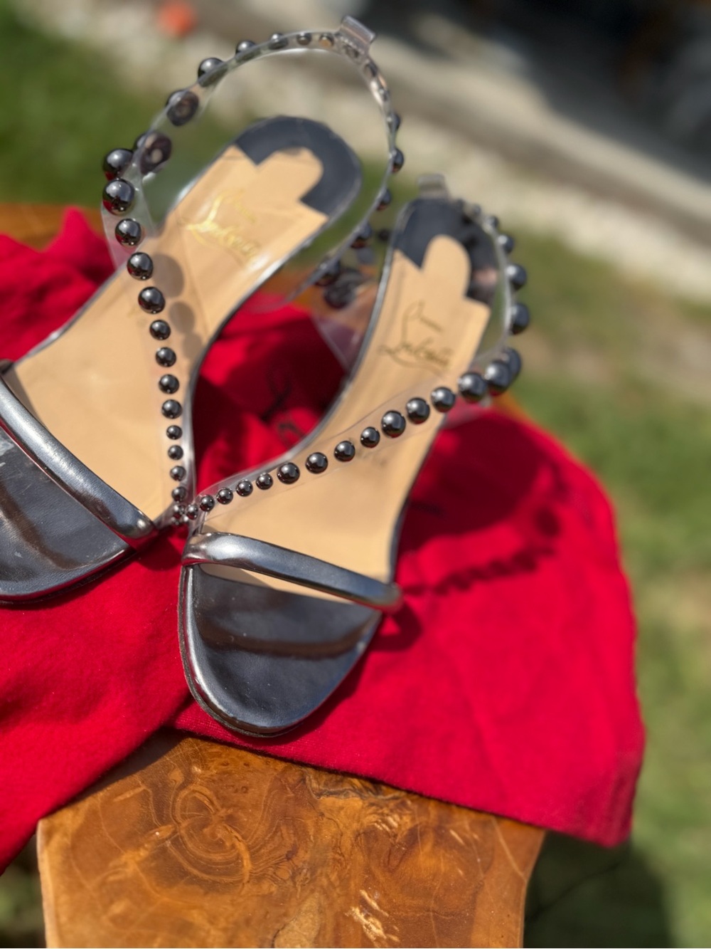 Christian Louboutin Silver Metallic and Clear Studded Stiletto Sandals - Picture 2 of 12